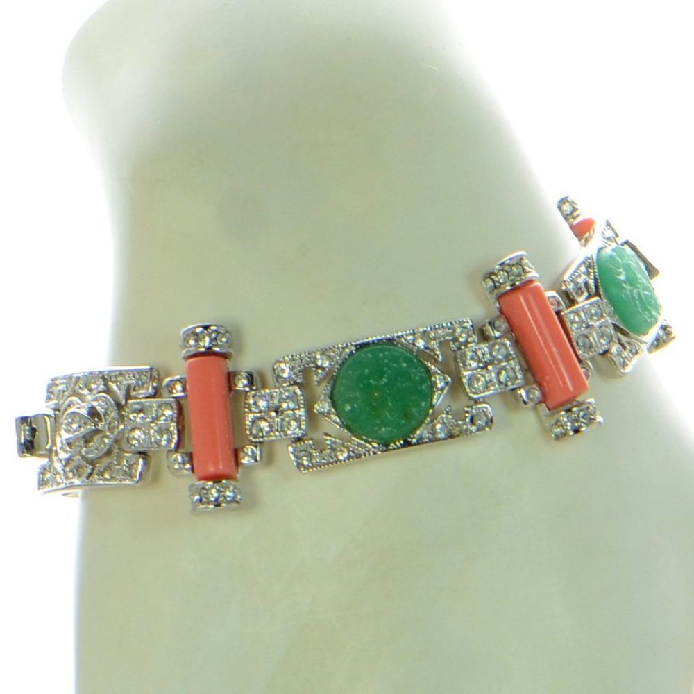 Kenneth Jay Lane KJL Jade And Coral Art Deco Bracelet